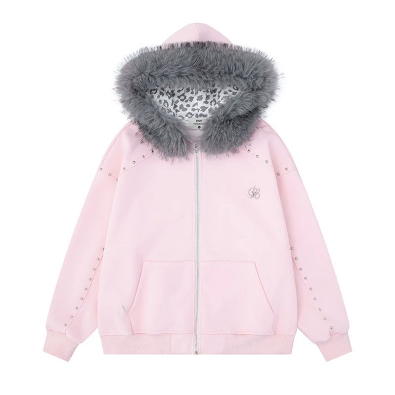 Damen Kapuzen-Sweatjacke mit Kunstfellbesatz, Leo-Innenfutter und Zier-Nieten Shop Nory