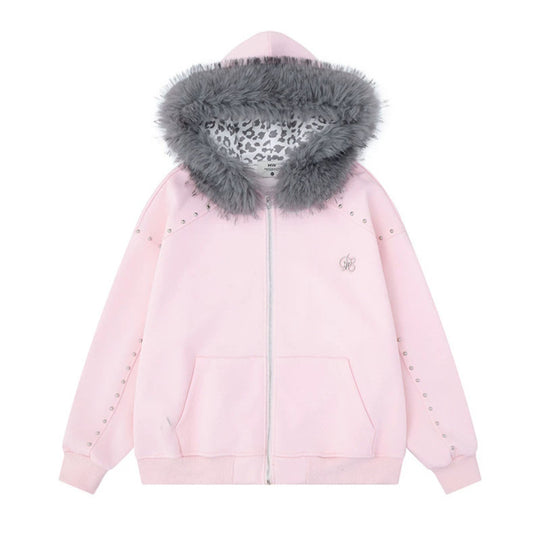Damen Kapuzen-Sweatjacke mit Kunstfellbesatz, Leo-Innenfutter und Zier-Nieten Shop Nory