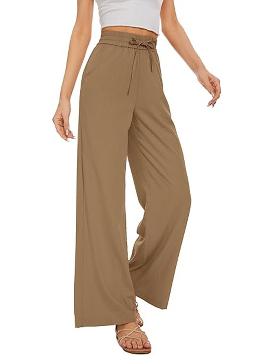 Damen Weite Leinenhose mit hohem elastischem Bund, Kordelzug und Eingrifftaschen Shop Nory