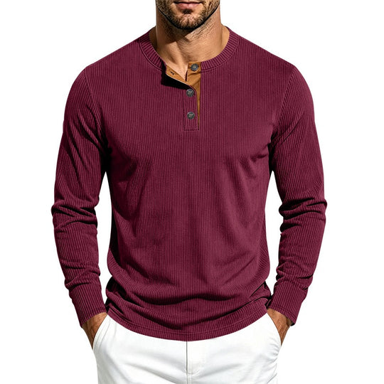 Herren Langärmeliges Rippstrick-Henley-Shirt mit Knopfleiste und Rundhalskragen Shop Nory