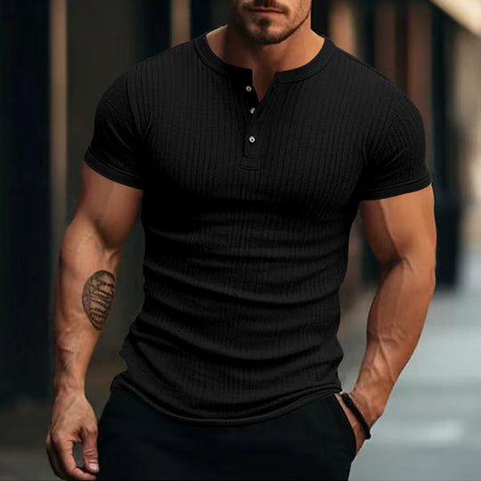 Herren nan eng anliegendes Kurzarm-Henleyshirt mit Rippenstruktur und kurzer Knopfleiste