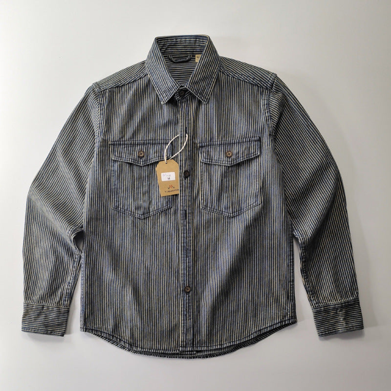 Herren Leichte gestreifte Denim-Worker-Hemdjacke mit aufgesetzten Pattentaschen Shop Nory