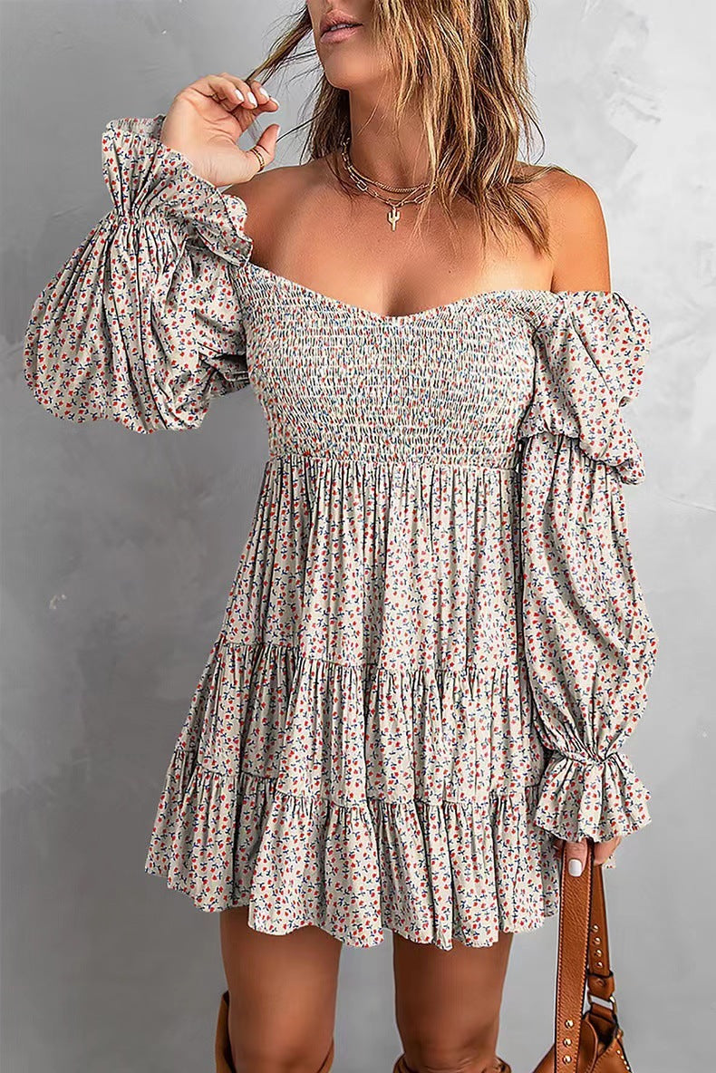 Damen Off-Shoulder Minikleid mit Smok-Oberteil, Volantstufen und gerafften Ballonärmeln Shop Nory