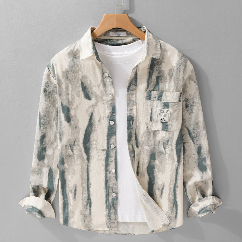 Herren Lockeres Hemdjacken-Overshirt aus Leinen-Baumwollmix mit abstraktem Brush‑Print und Kentkragen Shop Nory