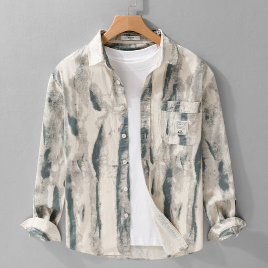 Herren Lockeres Hemdjacken-Overshirt aus Leinen-Baumwollmix mit abstraktem Brush‑Print und Kentkragen Shop Nory