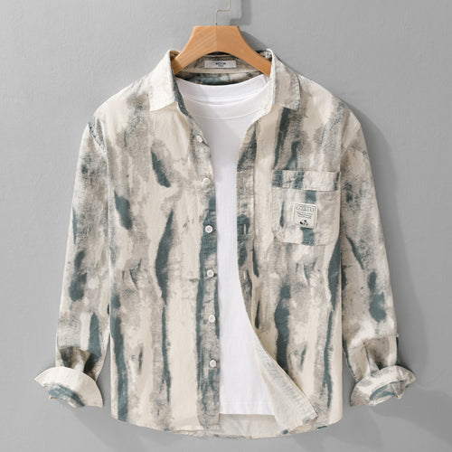 Herren Lockeres Hemdjacken-Overshirt aus Leinen-Baumwollmix mit abstraktem Brush‑Print und Kentkragen Shop Nory