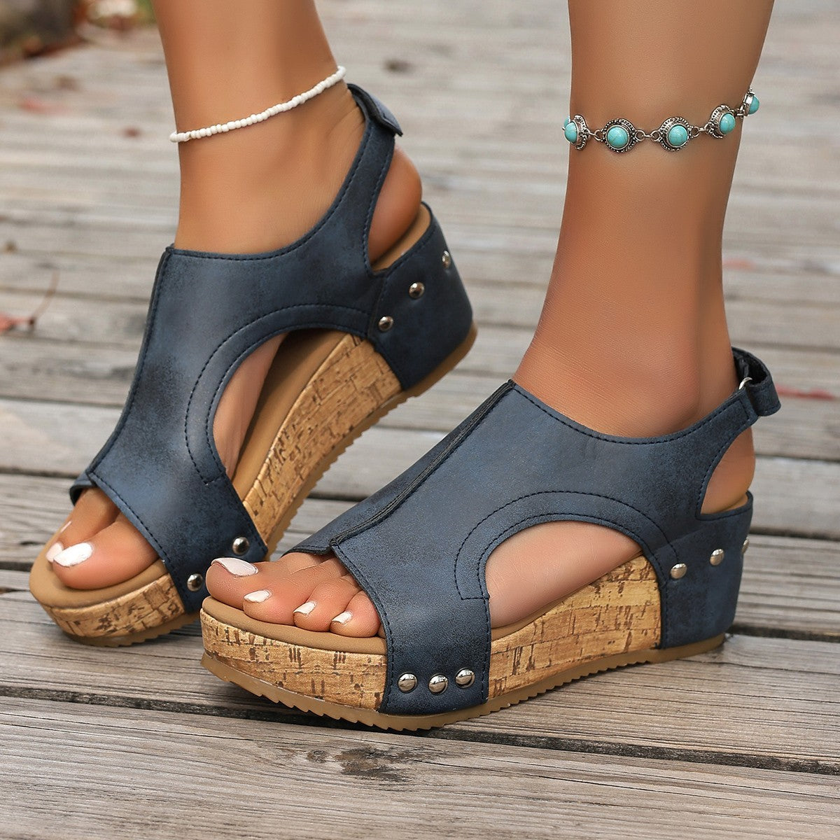 Damen Keil-Sandalen mit modischem Korkdesign und verstellbarem Riemen