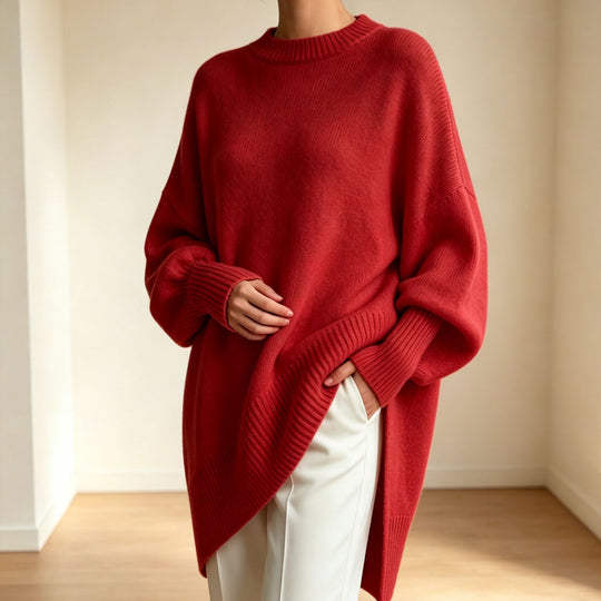 Damen Oversize Longline Feinstrick-Pullover mit Raglanärmeln und geripptem Saum Shop Nory