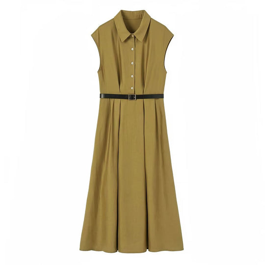 Damen Ärmelloses Hemdblusenkleid mit Taillenfalten und Gürtel Shop Nory