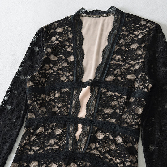 Damen Transparente Spitzenbluse mit V-Ausschnitt, taillierten Einsätzen und langen Ärmeln Shop Nory