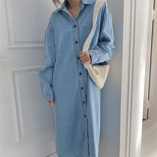 Damen Oversize-Denim-Maxikleid im Hemdstil mit Brusttasche und durchgehender Knopfleiste Shop Nory