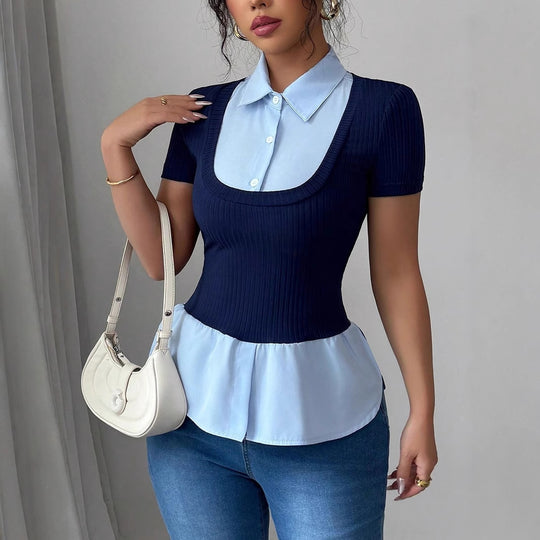 Damen Kurzärmeliges Layering-Top mit Fake-Hemdkragen und Rippstrickkörper Shop Nory