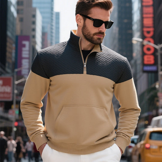 Herren Colorblock-Halbzip-Sweatshirt mit gesteppter Brustpartie, Kängurutasche und elastischen Bündchen Shop Nory