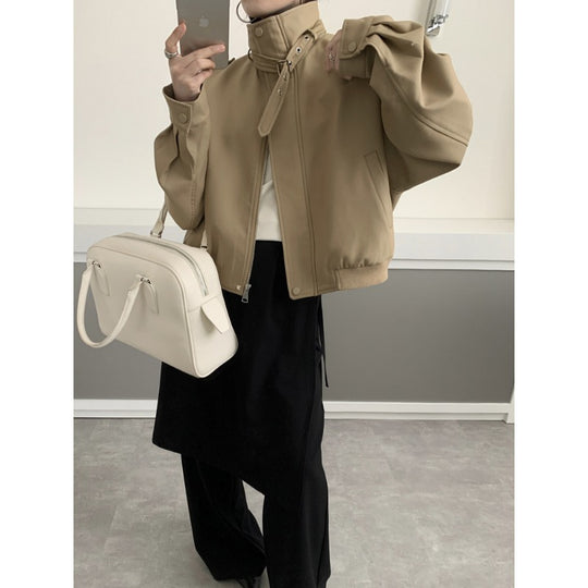 Damen Kurze Bomberjacke im Trench-Style mit hohem Stehkragen und Schulterpatten Shop Nory