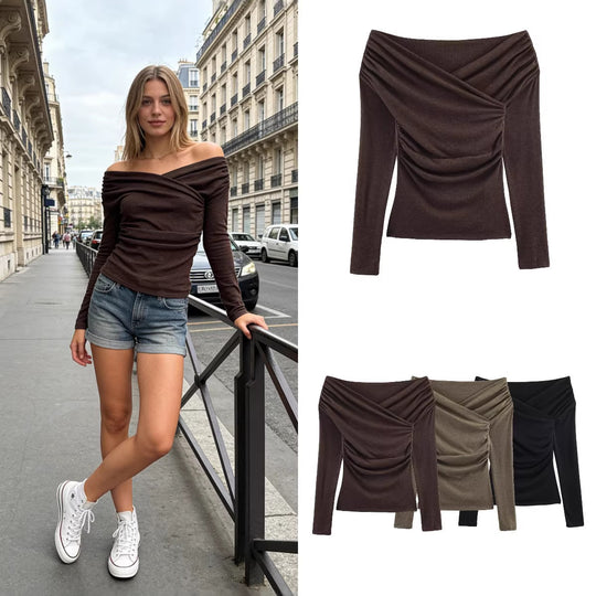 Damen Schulterfreies gerafftes Langarmtop mit Wickel‑Drapierung Shop Nory