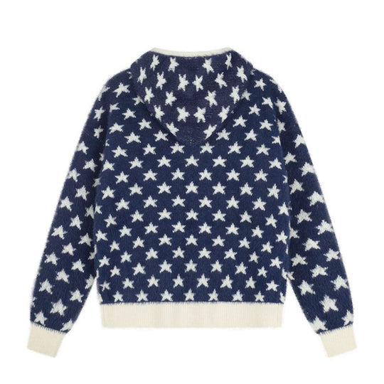 Damen Flauschige Strick-Zipjacke mit Allover-Sternmuster, Kängurutaschen und Rippbündchen Shop Nory