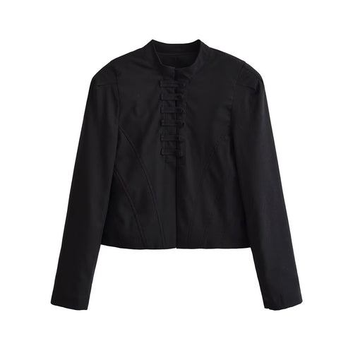 Damen kurz taillierte Jacke mit Stehkragen und dekorativer Schlaufenleiste Shop Nory