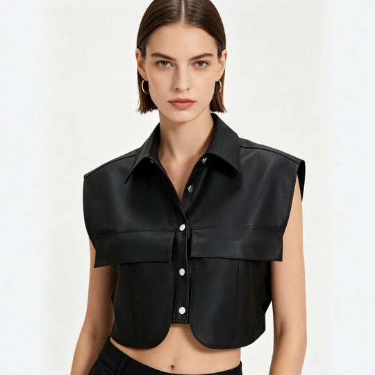 Damen Kurze ärmellose Kunstleder-Weste mit Oversize-Schultern Shop Nory
