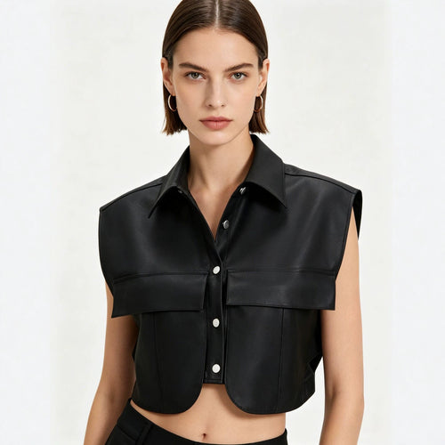 Damen Kurze ärmellose Kunstleder-Weste mit Oversize-Schultern Shop Nory