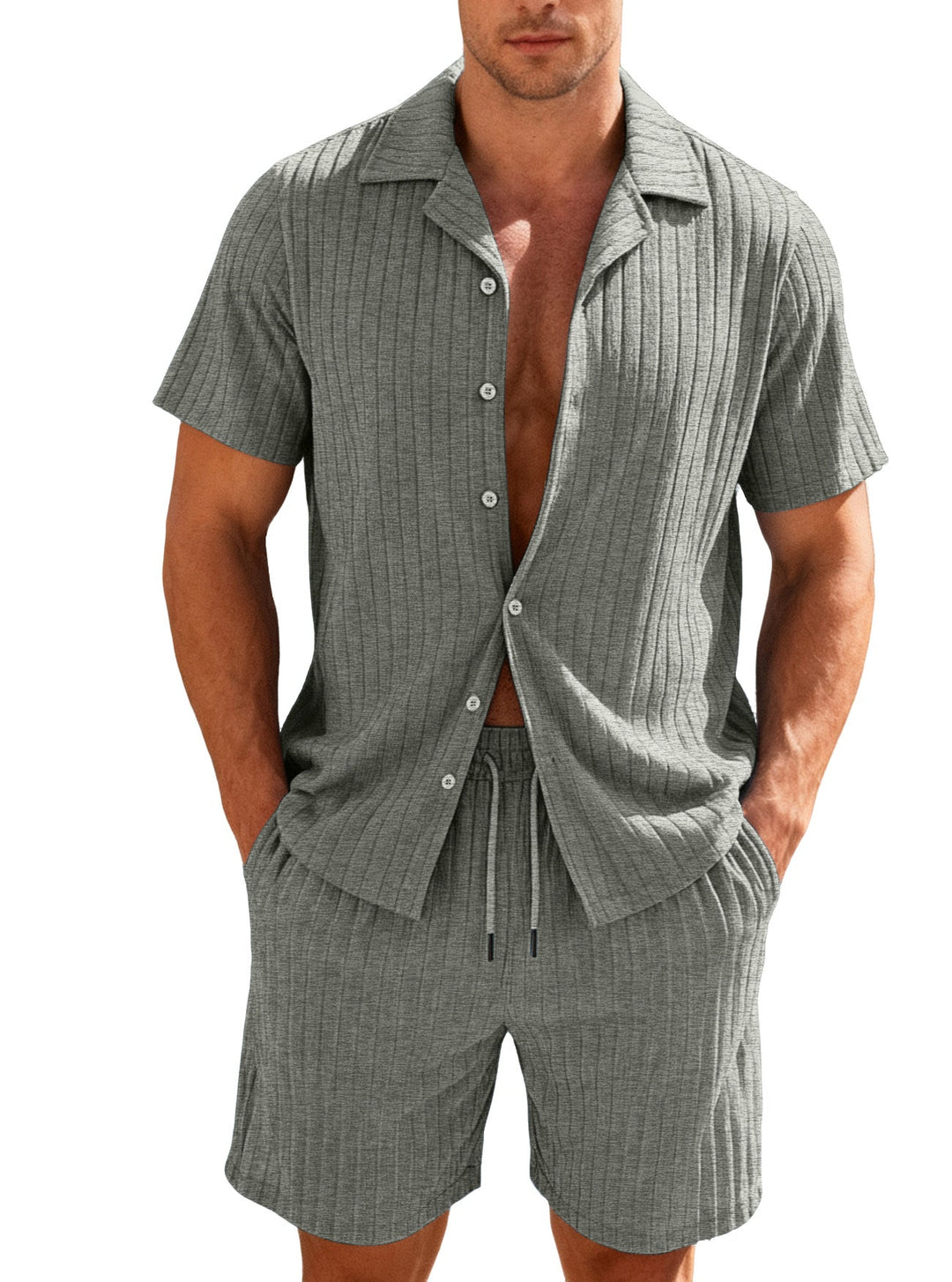Herren nan Rippenstrick Lounge-Set mit Reverskragen Kurzarmhemd und Komfort-Bermuda Shopnory