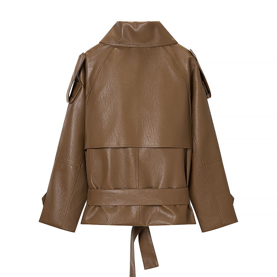 Damen Kurz geschnittener Kunstleder-Trenchcoat mit Bindegürtel und Schulterriegel Shop Nory