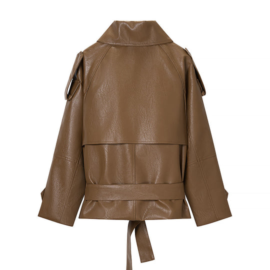 Damen Kurz geschnittener Kunstleder-Trenchcoat mit Bindegürtel und Schulterriegel Shop Nory
