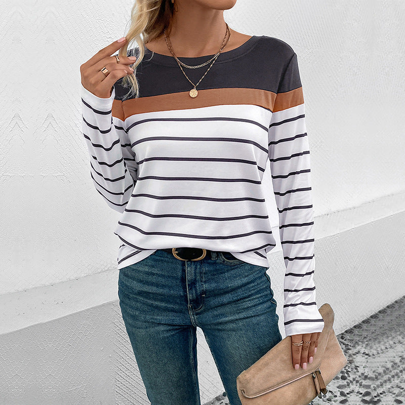 Damen Langarm-Shirt mit Streifenmuster, kontrastierender Passe und legerer Silhouette Shop Nory