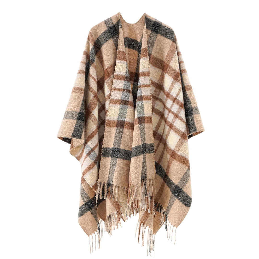 Damen Oversize karierter Wollponcho mit Fransen Shop Nory