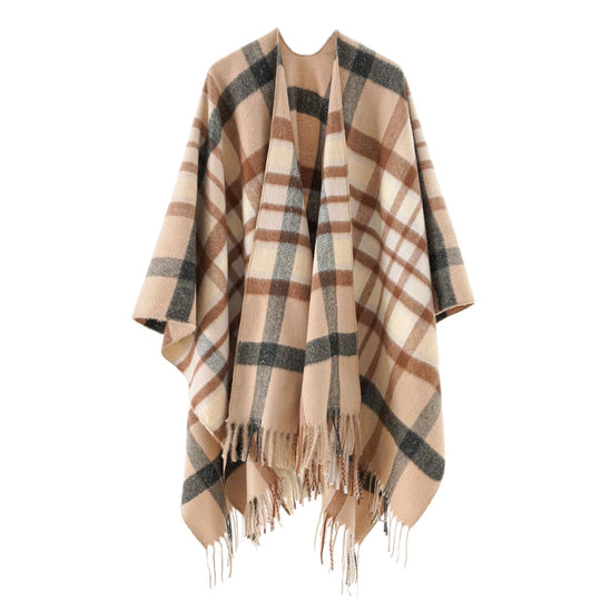 Damen Oversize karierter Wollponcho mit Fransen Shop Nory