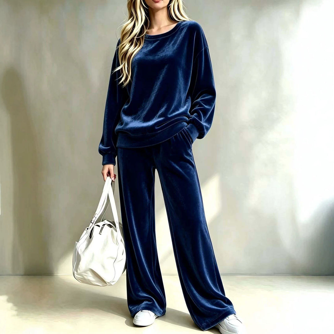 Damen Weiches Velours-Loungewear-Set mit weitem Bein und Rundhalsausschnitt Shop Nory