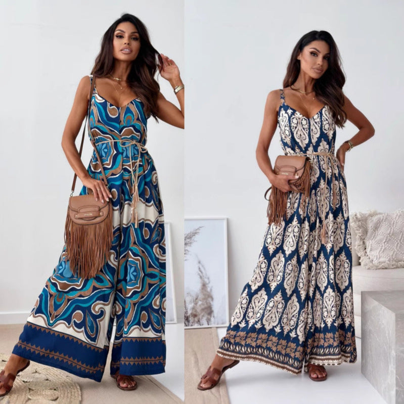 Damen Jumpsuit mit floralem Design und weit geschnittene Beinen