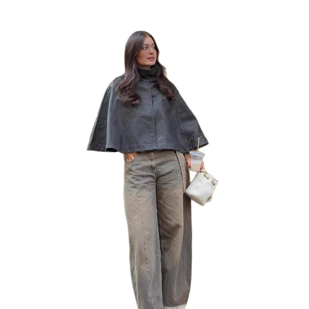Damen Kurze Leder-Capejacke mit hohem Stehkragen und kastiger Cropped-Silhouette Shop Nory