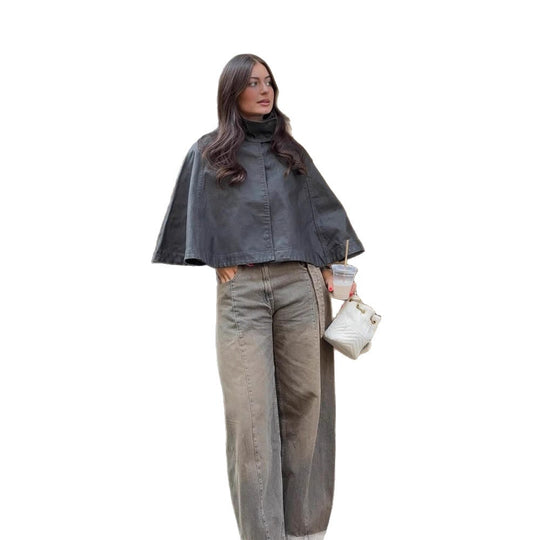 Damen Kurze Leder-Capejacke mit hohem Stehkragen und kastiger Cropped-Silhouette Shop Nory
