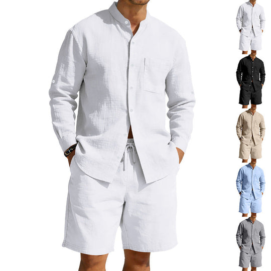 Herren nan sommerliches Leinen-Set mit Stehkragenhemd und Kordelzug-Kurzhose