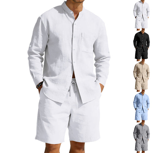 Herren nan sommerliches Leinen-Set mit Stehkragenhemd und Kordelzug-Kurzhose