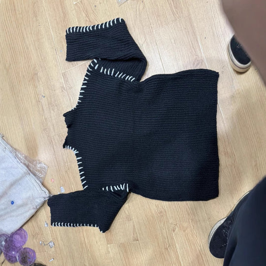 Damen Oversize-Strickpullover mit Stehkragen, Ballonärmeln und Ziernaht Shop Nory