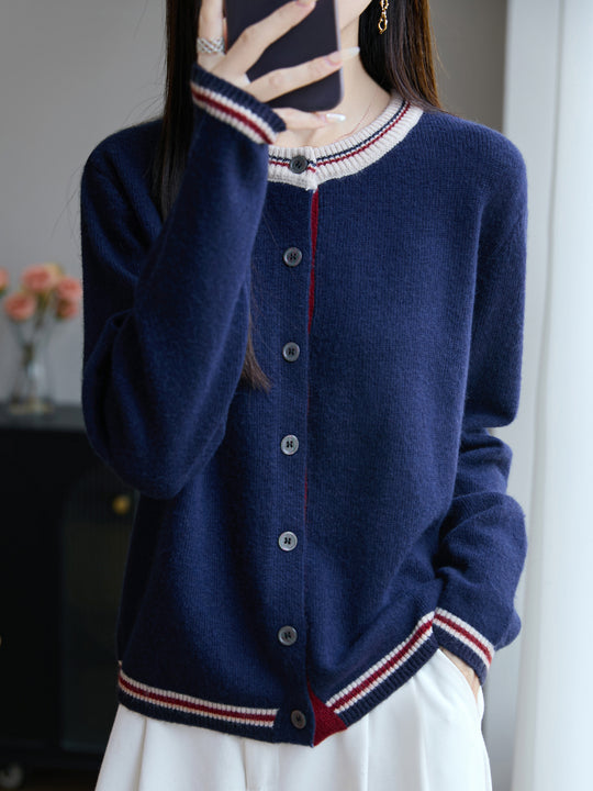 Damen Lockerer Feinstrick-Cardigan mit Kontraststreifen an Kragen und Bündchen Shop Nory