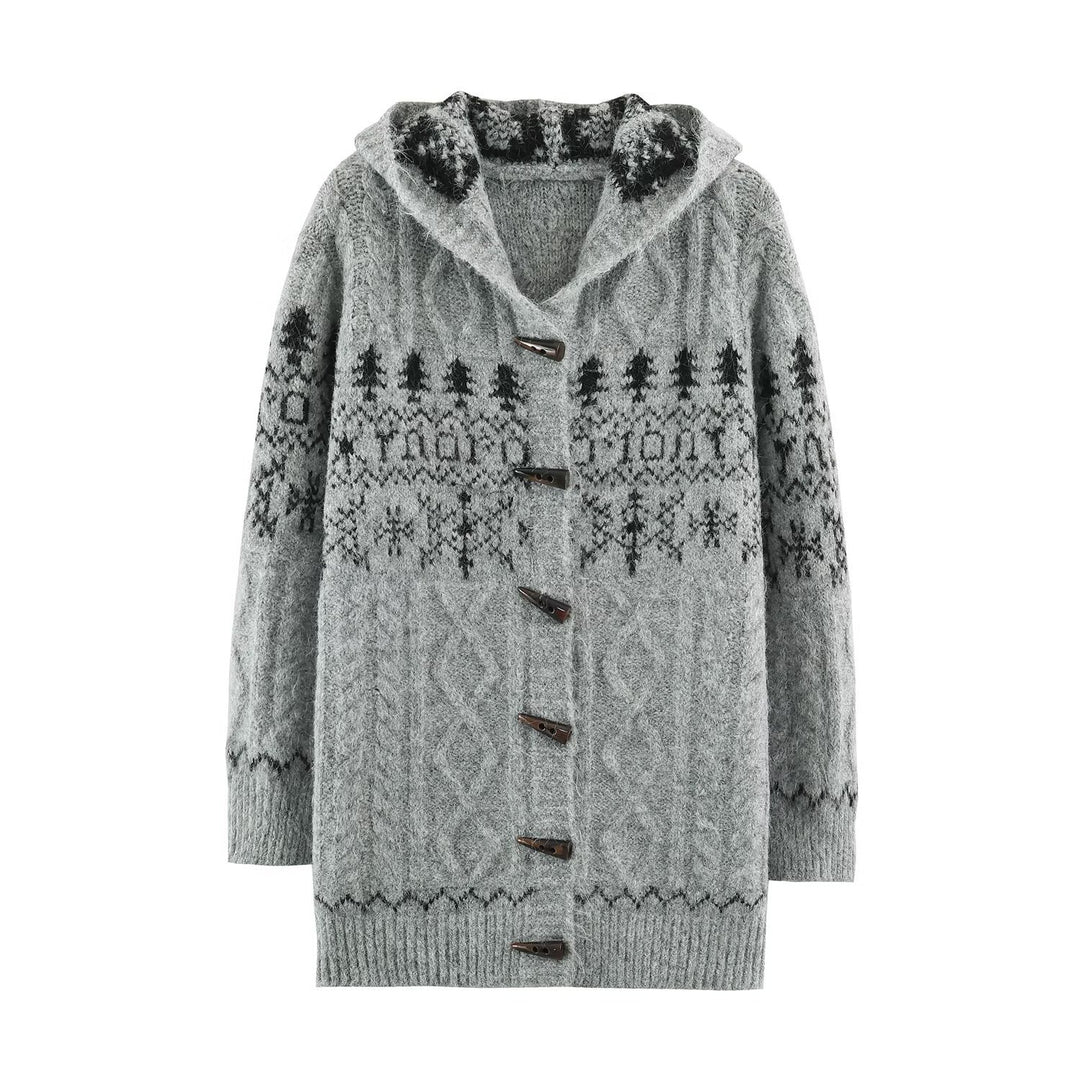 Damen Grobgestrickte Kapuzen‑Strickjacke mit Hornknöpfen und Norwegermuster Shop Nory