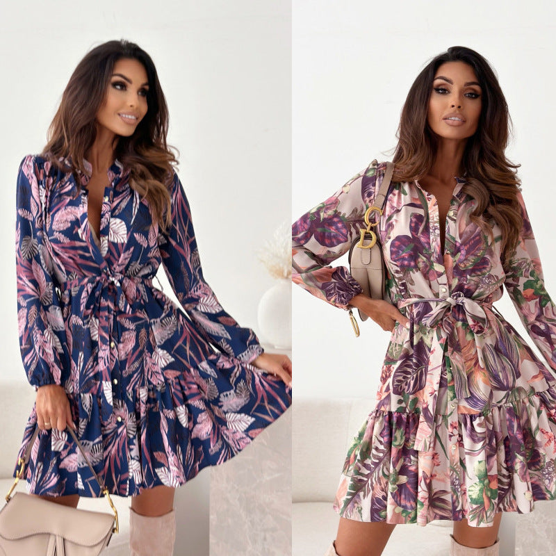 Damen Kurzarm Kleid mit tailliertem Schnitt und Blumenmuster Shopnory