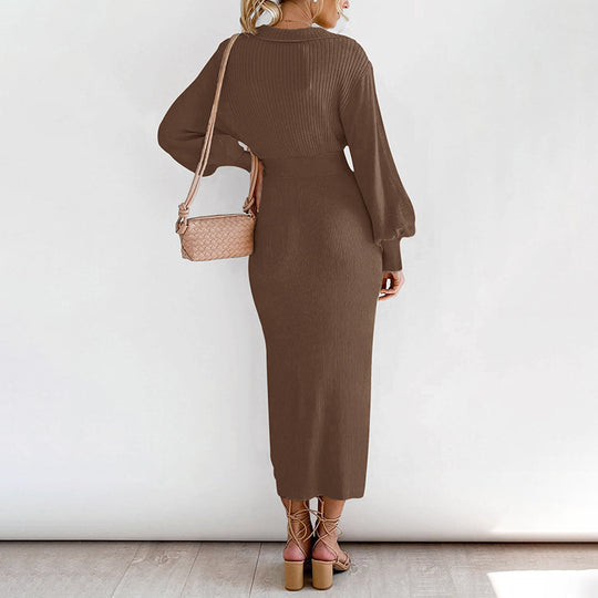 Damen Figurbetontes Rippstrick Midikleid mit V Ausschnitt Schalkragen Ballonärmeln und Bindegürtel Shop Nory