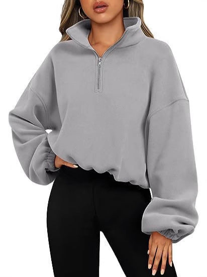Damen nan kurz geschnittenes Halbzip-Sweatshirt mit hohem Stehkragen, Ballonärmeln und elastischem Saum Shop Nory