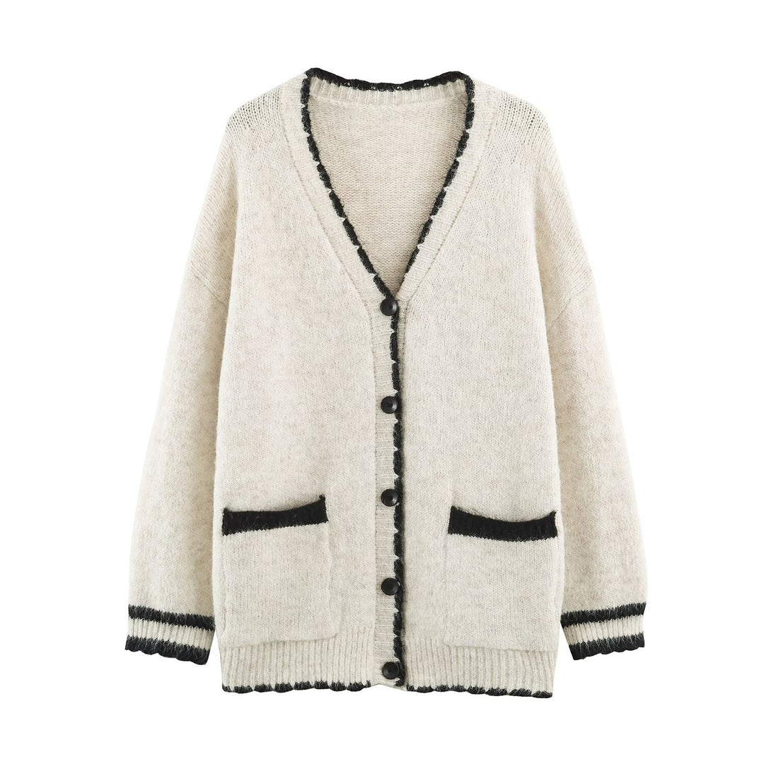 Damen Oversize Strickcardigan mit V-Ausschnitt, Knopfleiste und kontrastierenden Zierkanten Shop Nory
