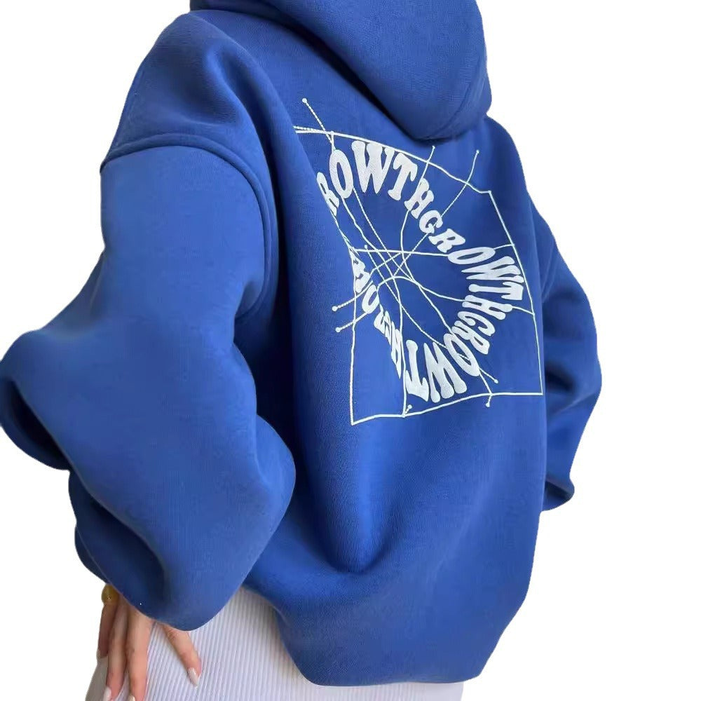 Damen Oversized Kapuzenpullover mit abstraktem Rückenprint und gerippten Bündchen Shop Nory