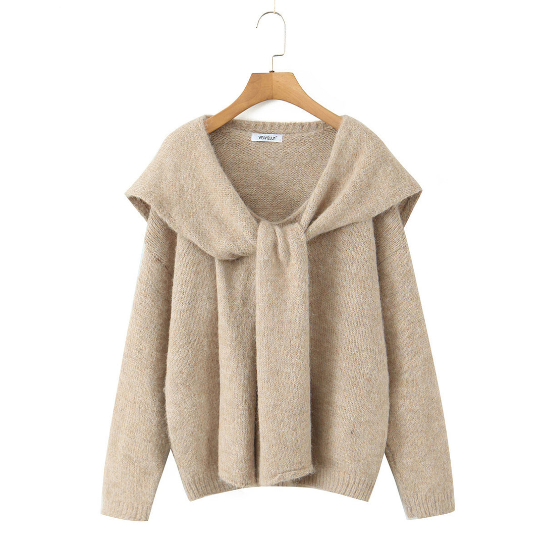 Damen Oversize Strickpullover mit integriertem Schal und weitem Schulterkragen Shop Nory