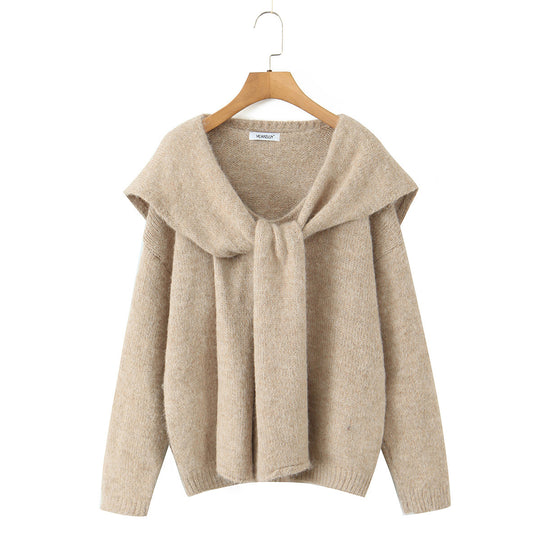 Damen Oversize Strickpullover mit integriertem Schal und weitem Schulterkragen Shop Nory
