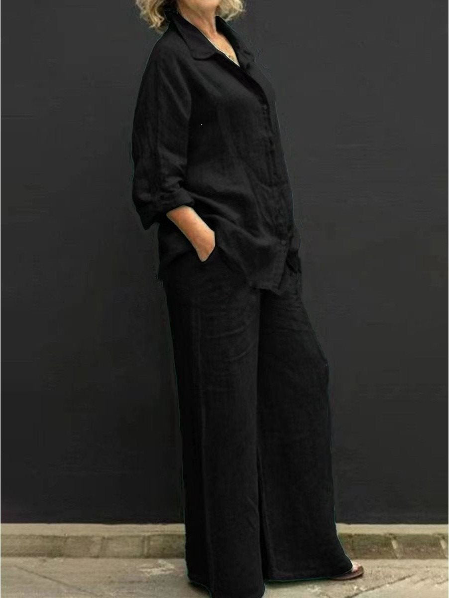 Damen Leichtes Leinen-Loungewear-Set mit Oversized-Hemd und weiter Palazzo-Hose Shop Nory