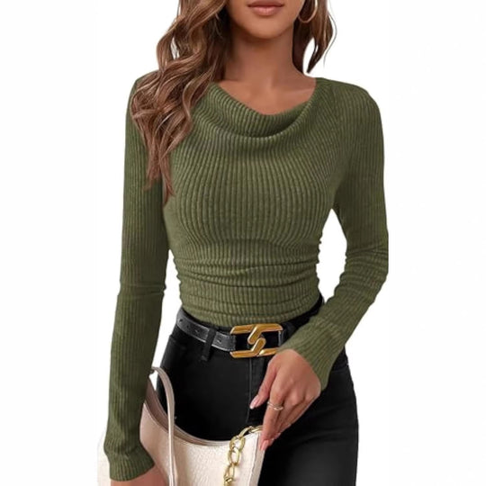 Damen Figurbetontes Feinripp-Longsleeve mit asymmetrischem Wasserfallkragen Shop Nory
