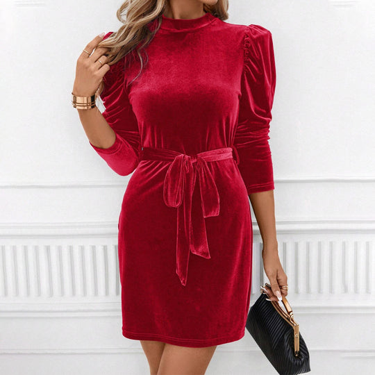 Damen samtiges tailliertes Minikleid mit Stehkragen gerafften Schultern langen Ärmeln und Bindegürtel Shop Nory
