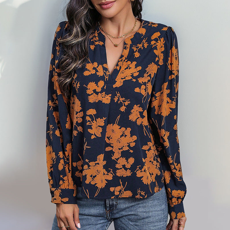 Damen Lässige Viskose-Bluse mit V-Ausschnitt, floralem Print und Ballonärmeln Shop Nory