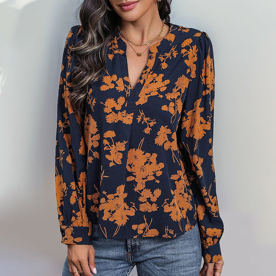 Damen Lässige Viskose-Bluse mit V-Ausschnitt, floralem Print und Ballonärmeln Shop Nory